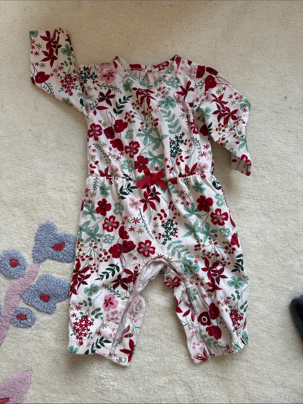Carter's Cream Floral One-Piece Footie with Red & Green Flowers